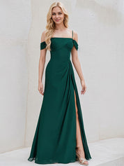 Emerald Chiffon A Line Spaghetti Straps Sleeveless Floor Length Bridesmaid Dress