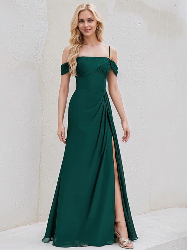 Emerald Chiffon A Line Spaghetti Straps Sleeveless Floor Length Bridesmaid Dress