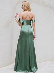 Sea Glass Satin A Line Off the Shoulder Sleeveless Floor Length Bridesmaid Dress
