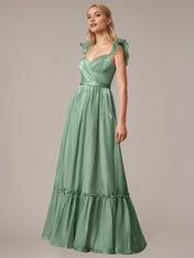 Green A Line V Neck Sleeveless Floor Length Dresses With Ruffles
