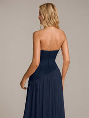Navy A Line Satin Off The Shoulder Sleeveless Floor Length Dress