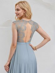 Dusty Blue Chiffon A Line Scoop Sleeveless Floor Length Bridesmaid Dress With Appliques