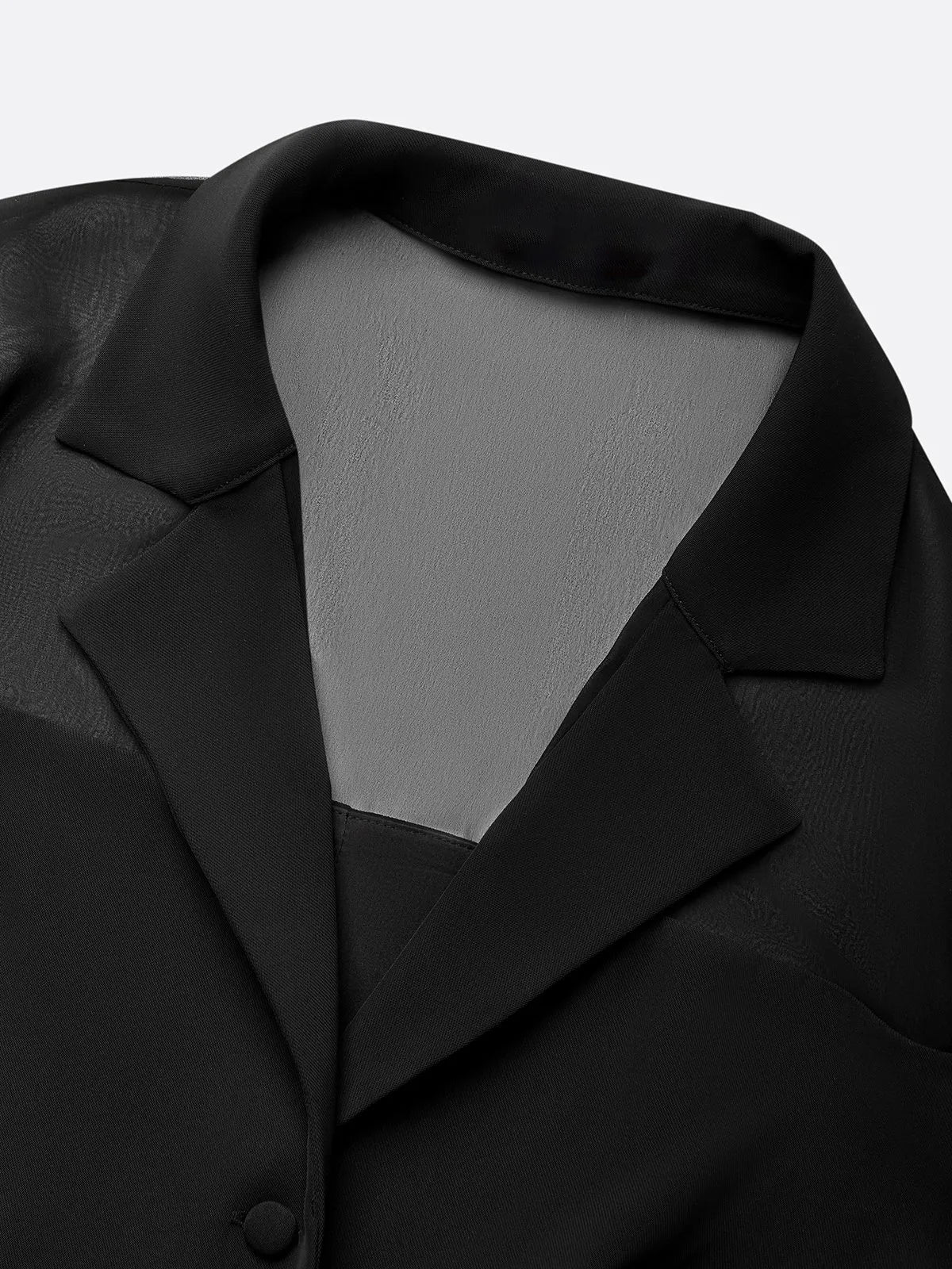 Women Black Mesh Lapel Collar Long Sleeve Dressy Jumpsuit
