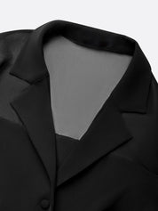Women Black Mesh Lapel Collar Long Sleeve Dressy Jumpsuit