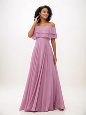 Wisteria A-Line Chiffon Ruffles Off-The-Shoulder Sleeveless Floor-Length Bridesmaid Dresses