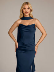 Navy Sheath/Column Satin Off The Shoulder Sleeveless Floor Length Dress