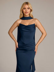 Navy Sheath/Column Satin Off The Shoulder Sleeveless Floor Length Dress