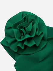 Green 3D Floral Ruched V Neck Sheath Midi Dress