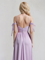 Lilac A Line Chiffon Spaghetti Straps Sleeveless Floor Length Dress With Bow