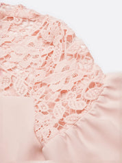 Pink Lace Classic Crew Neck Short Sleeve Balloon Sleeve Sheath Midi Dress