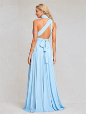 Sky Blue Chiffon A Line Halter Neck Floor-Length Sleeveless Bridesmaid Dress