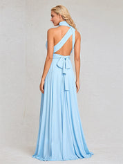 Sky Blue Chiffon A Line Halter Neck Floor-Length Sleeveless Bridesmaid Dress