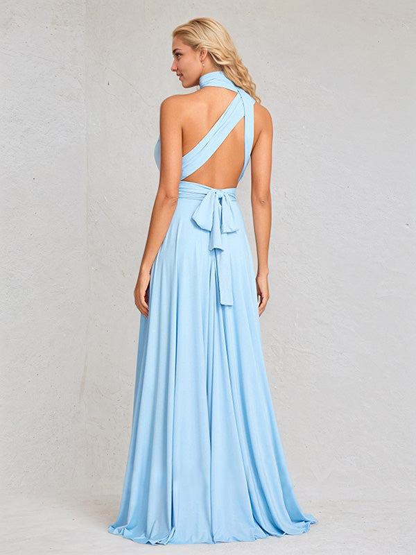 Sky Blue Chiffon A Line Halter Neck Floor-Length Sleeveless Bridesmaid Dress