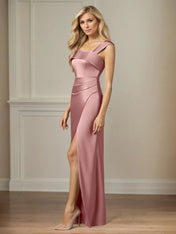 Sheath/Column One Shoulder Floor-Length Satin Dress With Pleated