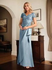 A Line Satin V Neck Short Sleeve Floor Length Dress With Appliques