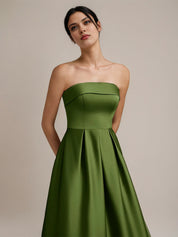 Green Satin A Line Off The Shoulder Sleeveless Ankle Length Bridesmaid Dress