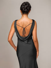 Black Satin Sheath/Column Cowl Neckline Sleeveless Floor-Length Bridesmaid Dress