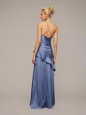 Slate Blue Sheath/Column Satin Asymmetrical Sleeveless Floor Length Dresses With Ruffles