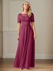 A Line Chiffon Scoop Neck Short Sleeves Floor Length Mother of the Bride Dresses With Appliques