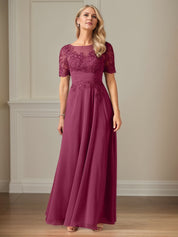 A Line Chiffon Scoop Neck Short Sleeves Floor Length Mother of the Bride Dresses With Appliques