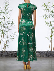 Green Floral Cap Sleeve Slit A Line Maxi Slit Dress