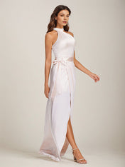 Blushing Pink Satin Sheath/Column Halter Neck Floor Length Sleeveless Bridesmaid Dress