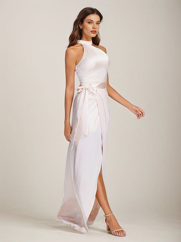 Blushing Pink Satin Sheath/Column Halter Neck Floor Length Sleeveless Bridesmaid Dress