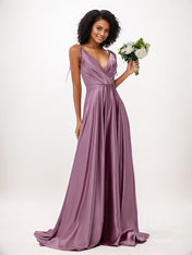 Wisteria A-Line Satin Ruffles V-Neck Sleeveless Floor Length Bridesmaid Dresses