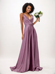 Wisteria A-Line Satin Ruffles V-Neck Sleeveless Floor Length Bridesmaid Dresses