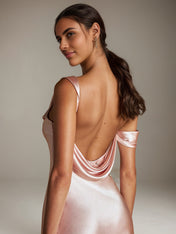 Blush Pink Satin Sheath/Column Asymmetrical Sleeveless Floor Length Bridesmaid Dress