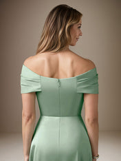 Mist Blue A Line Satin Off The Shoulder Sleeveless Floor Length Dress