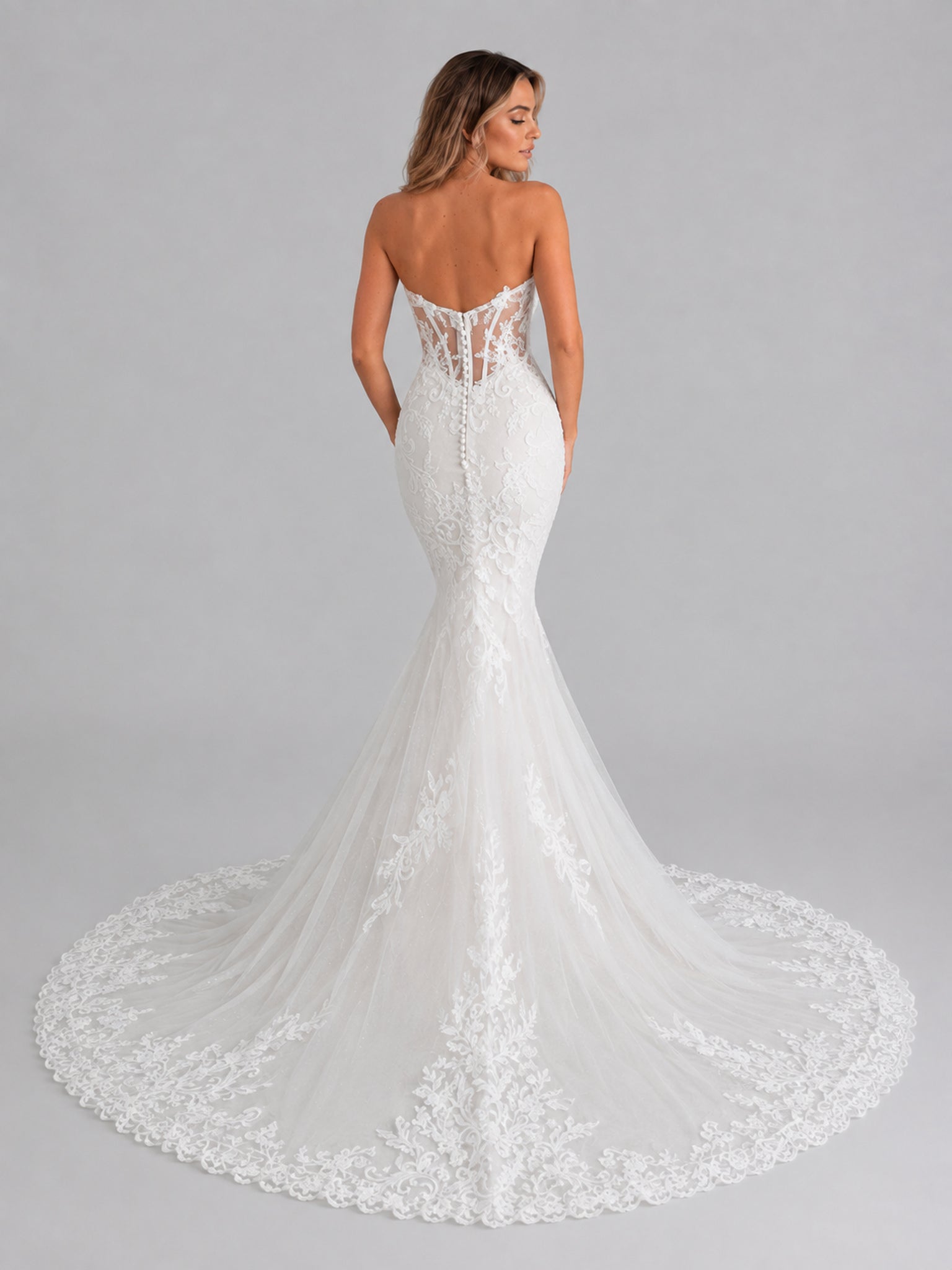 Elegant Strapless Sweetheart Illusion Lace Mermaid Wedding Dress with Cathedral Train