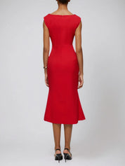 Red Cowl Neck Sleeveless Sheath Midi Dress