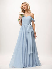 Dusty Blue A Line Tulle Off The Shoulder Sleeveless Floor-Length Bridesmaid Dresses