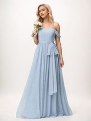 Dusty Blue A Line Tulle Off The Shoulder Sleeveless Floor-Length Bridesmaid Dresses