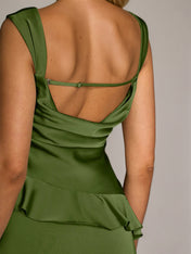 Olive Green Sheath/Column Satin Square Neck Sleeveless Floor Length Dresses
