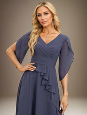 A Line V-Neck Tea-Length Chiffon Mother Of Bride Dresses With Pleated