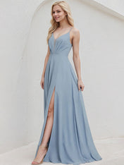 Dusty Blue Chiffon A Line Spaghetti Straps Floor Length Bridesmaid Dress