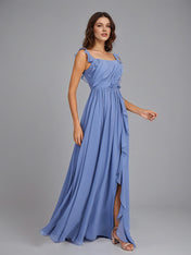 A Line Chiffon Square Neck Floor Length Sleeveless Bridesmaid Dress With Ruffles