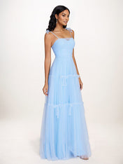 Sky Blue Tulle A Line Spaghetti Straps Floor Length Sleeveless Bridesmaid Dress With Bow