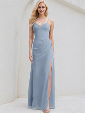 Dusty Blue Chiffon A Line Spaghetti Straps Sleeveless Floor Length Bridesmaid Dress With Slit