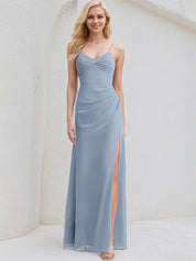 Dusty Blue Chiffon A Line Spaghetti Straps Sleeveless Floor Length Bridesmaid Dress With Slit