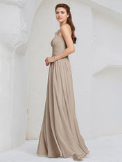 Taupe Chiffon A Line One Shoulder Sleeveless Floor Length Bridesmaid Dress