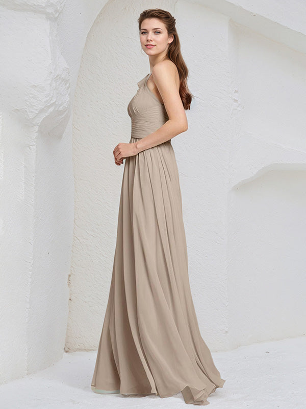 Taupe Chiffon A Line One Shoulder Sleeveless Floor Length Bridesmaid Dress