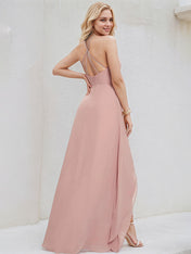 Dusty Rose Chiffon A Line Halter Neck Sleeveless Asymmetrical Bridesmaid Dress