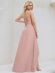 Dusty Rose Chiffon A Line Halter Neck Sleeveless Asymmetrical Bridesmaid Dress