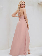 Dusty Rose Chiffon A Line Halter Neck Sleeveless Asymmetrical Bridesmaid Dress
