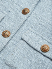 Light Blue Lapel Collar Pocket A-Line Midi Tweed Blazer Dress