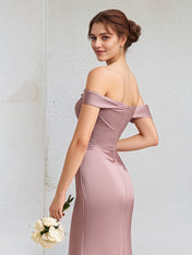 A Line Mauve Satin Off the Shoulder Sleeveless Floor Length Dress With Slit