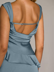 Blue Sheath/Column Satin Square Neck Sleeveless Floor Length Dresses